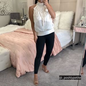 Bebe ivory silk  ruffle flower halter backless top